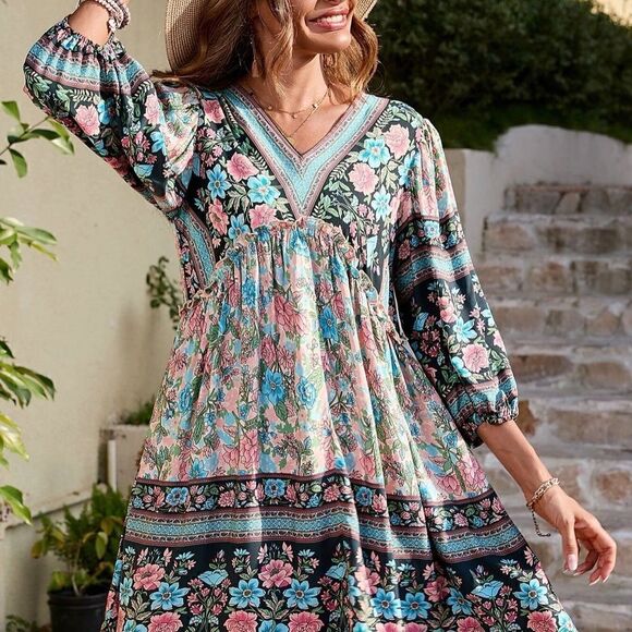 Ditsy Boho Floral Print Lantern Sleeve Dress Easter Bohemian - Picture 4 of 5